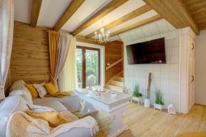 una sala de estar con un sofá y una mesa en Domki Małe Ciche, en Małe Ciche