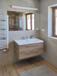 a bathroom with a sink and a mirror at Apartamenty Maciata in Biały Dunajec +45 photos