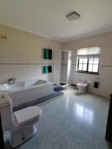 a bathroom with a tub and a toilet and a sink at Quinta do Areeiro in Horta