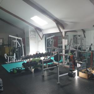 ein Fitnessstudio mit einem Haufen Gewichten und Geräten in der Unterkunft Logis Cruzel in Maurs