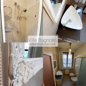 un collage de fotos de un baño con ducha y lavabo en Villa Bagnole B&B - Holiday Apartments, en Lonato