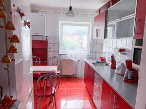 a kitchen with red cabinets and a red tile floor at Apartament Zarnesti „Saturn” in Zărneşti