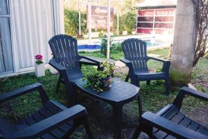 three blue chairs and a table with a potted plant at Posada Bambys in Concordia