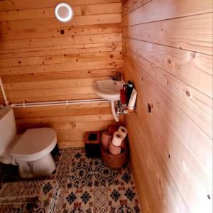 a wooden bathroom with a toilet and a sink at Serenity Retreats Maciuca 