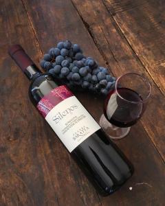 una botella de vino tinto y una copa de uvas en Podere Baratta agriturismo e cantina, en Collinello