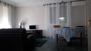 uma sala de estar com uma mesa e uma janela em Condrieu appartement 1er em Condrieu