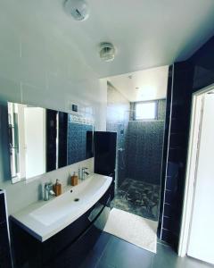 La salle de bains est pourvue d'une baignoire, d'un lavabo et d'une douche. dans l'établissement Villa Bellevue "Rez-de-chaussée", à Belley