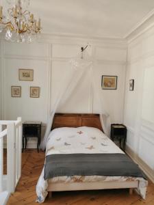 een slaapkamer met een bed en een kroonluchter bij Les Papillons de St Leonard in Honfleur