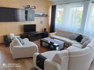 a living room with two couches and a tv at Apartament Wanessa in Kętrzyn
