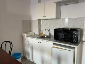 una piccola cucina con forno a microonde e lavandino di Apollon Hotel a Methana