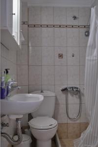 y baño con aseo, lavabo y ducha. en tripoli center apartment en Tripoli