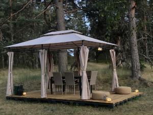 a gazebo with a table and chairs in a field at Kuru Guest House in Kuru