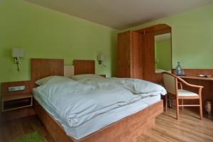 1 dormitorio con cama, escritorio y silla en Bergrestaurant Schwedenstein, en Steina