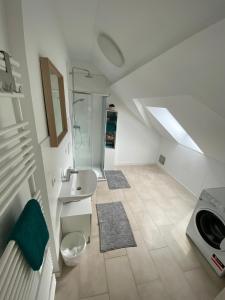 ein Bad im Dachgeschoss mit einem Waschbecken und einer Dusche in der Unterkunft Helle 2 Zi. Wohnung nähe Flughafen München in Haimhausen
