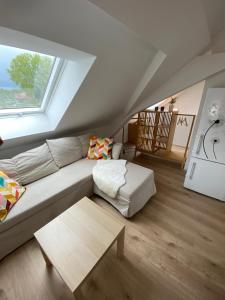 ein Wohnzimmer mit einem Sofa und einem Fenster in der Unterkunft Helle 2 Zi. Wohnung nähe Flughafen München in Haimhausen