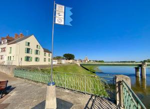 una bandera en un poste junto a un río en GITE LA VUE LOIRE Maison en Saint-Denis-de lʼHôtel