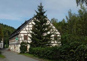 Thermalbad WiesenbadにあるFerienwohnung Himmelmühleの松の木が目の前に広い白い家