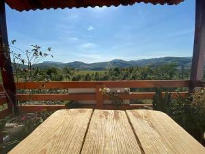 a wooden table in front of a window with a view at Agropensiune Turistica Maria in Isverna