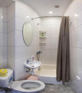 La salle de bains est pourvue de toilettes, d'un lavabo et d'une baignoire. dans l'établissement Studio LUX beside metro Universytet, Pushkinska - Chernyshevska str. 95-5, à Kharkov