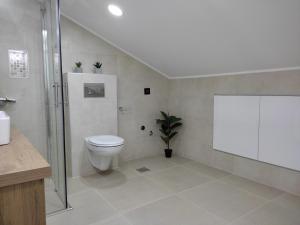 a white bathroom with a toilet and a shower at Sky Luxury in Arandjelovac