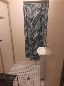 y baño con cortina de ducha y lavamanos. en Kalua Motel en Bundaberg