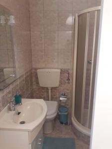 een badkamer met een wastafel, een toilet en een douche bij Casas Duarte in Nazaré