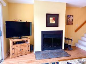 a living room with a fireplace and a flat screen tv at Le Paréo de Magog-Mont Orford in Magog-Orford