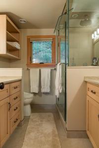 a bathroom with a glass shower and a toilet at Private Home Overlooking Stevens Lake in Great Barrington