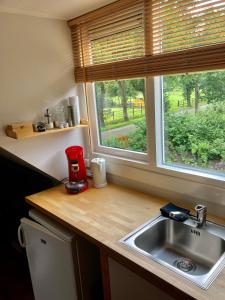a kitchen counter with a sink and a window at Appartement Soerte Es in Wapse