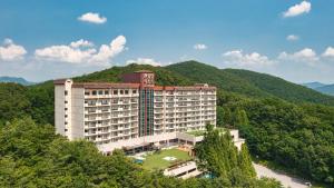 忠州市忠州肯星顿度假酒店 的山中建筑物的鸟瞰图