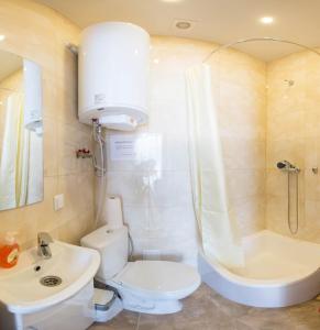 La salle de bains est pourvue de toilettes, d'un lavabo et d'une douche. dans l'établissement Modern apartments in the Centre - Kuznechna str. 26/4, à Kharkov