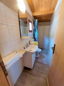 a bathroom with a sink and a toilet and a mirror at Vala Hrvaska Robinson in Gornji Humac