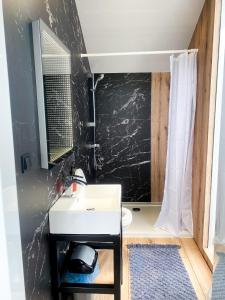 een badkamer met een witte wastafel en een zwarte muur bij Domy na wodzie Charzykowy in Charzykowy