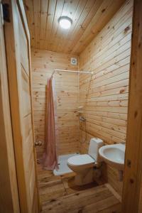 a wooden bathroom with a toilet and a sink at Glamping Mandra Kanev in Leplyavo