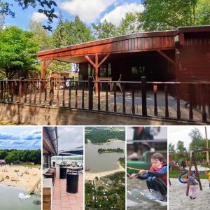 a collage of photos with a child playing on a playground at Mijn Chalet in Erm