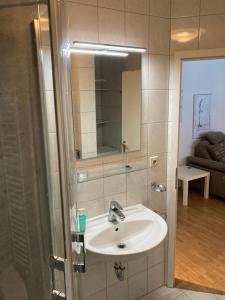 a bathroom with a sink and a mirror at Wendlers Ferienwohnungen #1 #4 #5 #6 in Behringersdorf