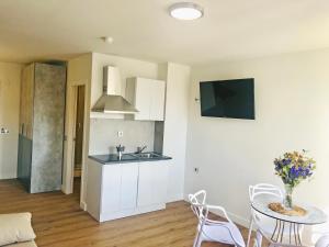 a kitchen with a sink and a table with chairs at Apartamentos Santander Maliaño Suites 3000 in Maliaño