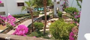 a walkway in a garden with pink flowers at Deluxe Apartment Delta Sharm in Sharm El Sheikh