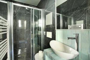 uma casa de banho com um lavatório e um chuveiro em Residence centre de Paris by Studio prestige em Paris