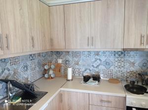 a kitchen with wooden cabinets and a counter top at Sunset Apartment in Epanomi