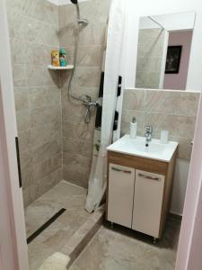 a bathroom with a shower and a sink and a mirror at Violet House in Turda