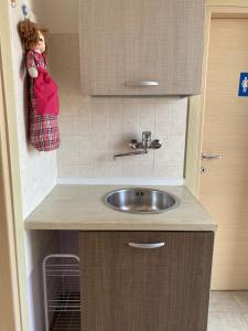 eine Küche mit einer Spüle und einer Puppe in einem Schrank in der Unterkunft Appartamento La Chiesetta in Matera