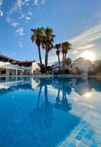 a large swimming pool with palm trees in the background at Nuramar Resort & Villas in Cala en Bosc