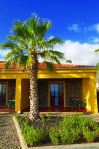 a yellow house with a palm tree in front of it at Hotel Casas do Sol in São Filipe