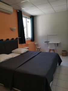 a bedroom with a large bed with a blue blanket at Carry Hotel in Carry-le-Rouet
