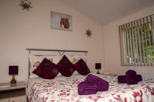 ein Schlafzimmer mit einem Bett mit lila Kissen darauf in der Unterkunft Squirrel Lodge in Clearwell