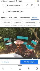 twee stoelen en een tafel op een pagina van een website bij Le Claouraous calme in Canet