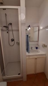 une salle de bain avec douche et lavabo dans l'établissement La Finestra su Stintino 2, à Stintino