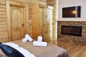 Zimmer mit einem Bett, einem Kamin und einem TV in der Unterkunft Willa Strążyski Potok in Zakopane + 39 Fotos