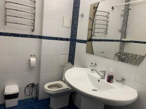 une salle de bain avec un lavabo, des toilettes et un miroir dans l'établissement Apartments Staroportofrankovskaya & Pastera street, à Odessa 12 autres photos
